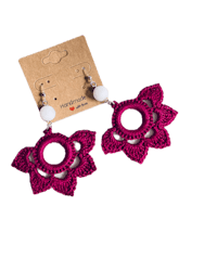 a pair of crocheted flower earrings with white beads