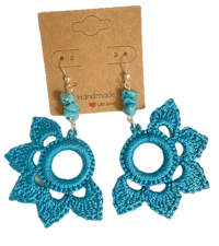 Cyan blue floral motif with natural turquoise beads and silver tone accents